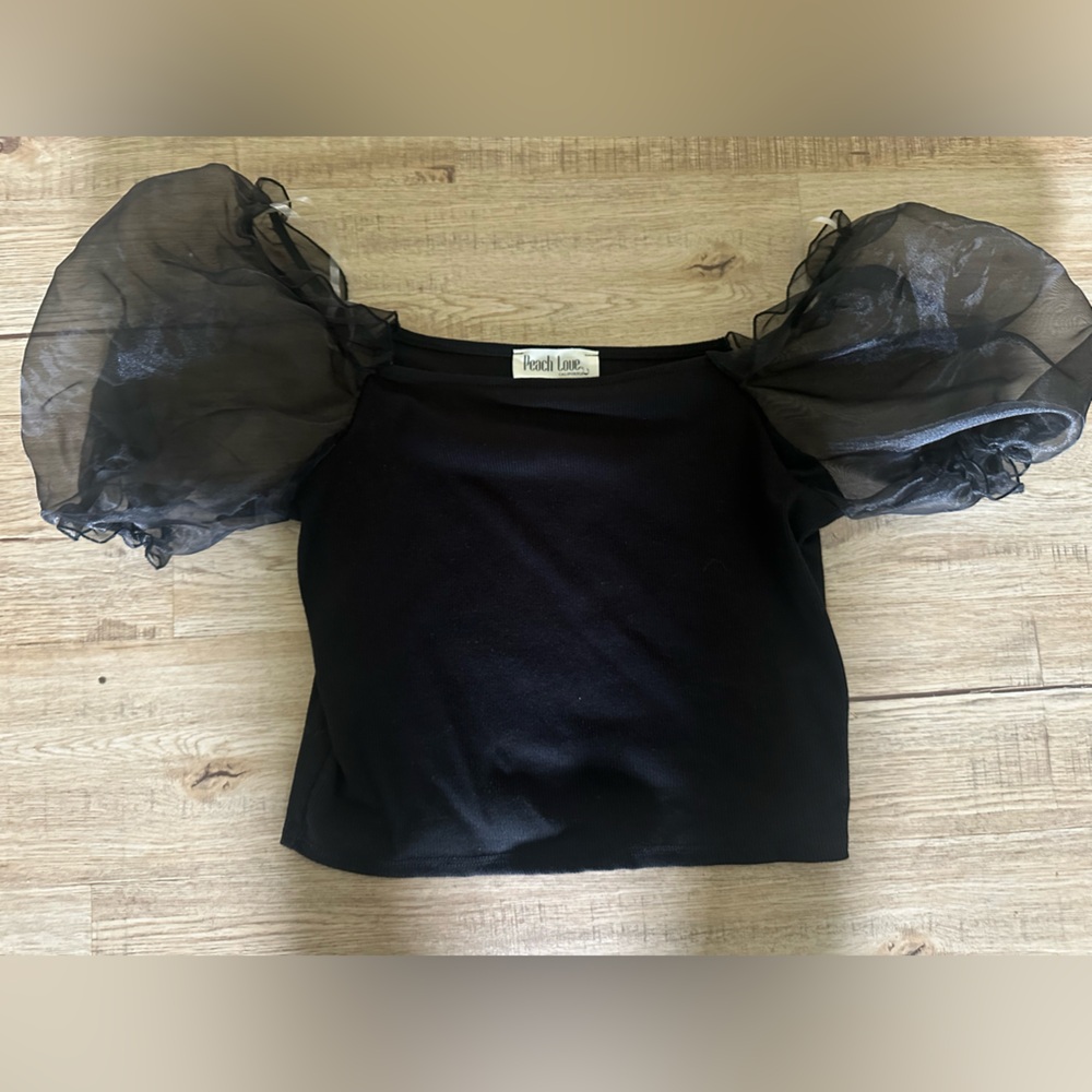 Peach Love California Black Sheer Puff Sleeve Blouse